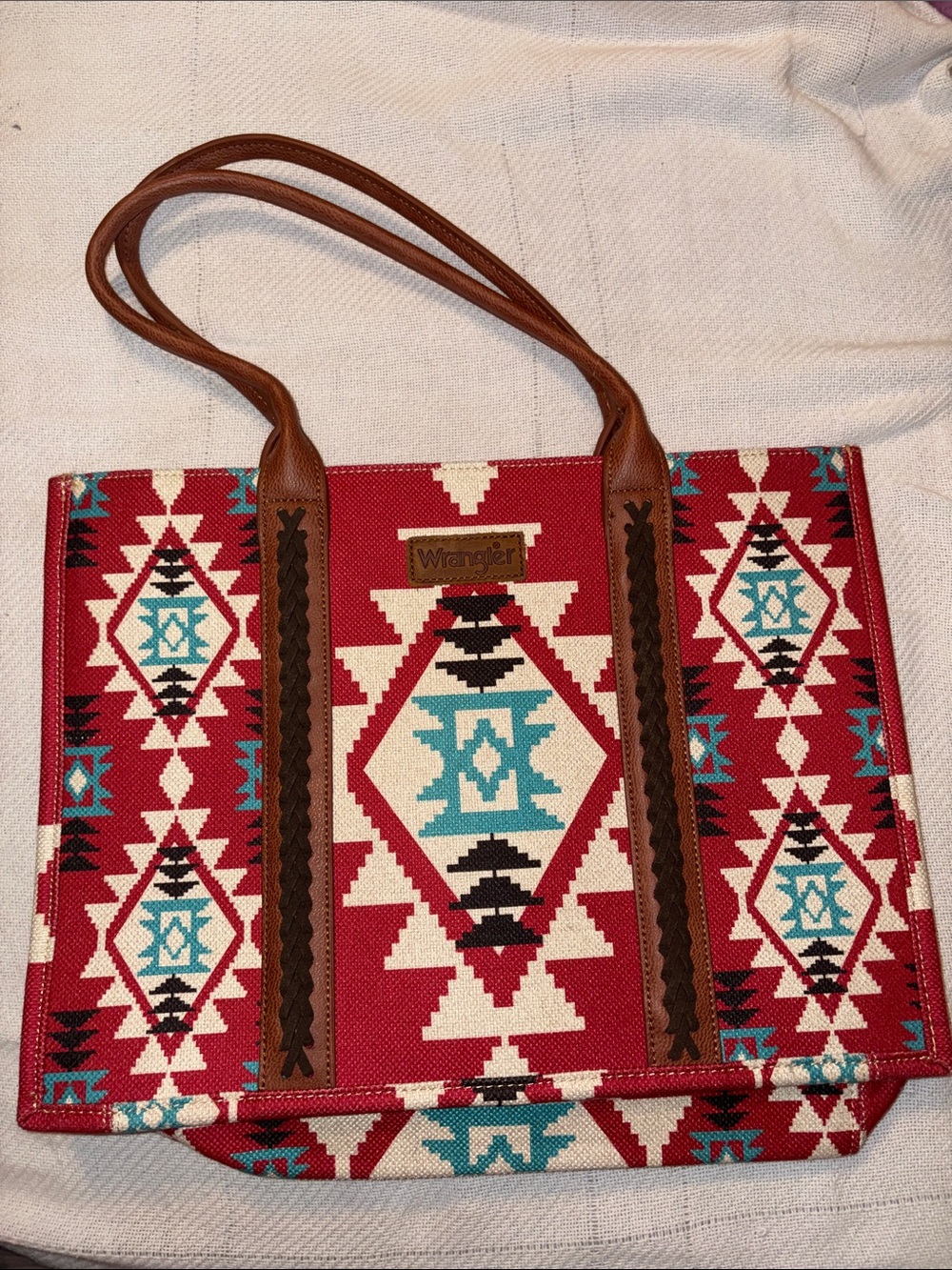 Wrangler Red Aztec Tote with Turquoise Accents and Brown Handles